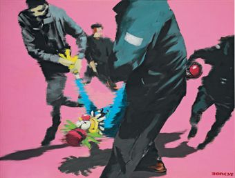Lot 270 - Banksy - You Told That Joke Twice (2000) - acrylic, spray enamel and oilstick on canvas - 49 1/8 X 65in (125 X 165.2cm) - est. £100,000 - £150,000