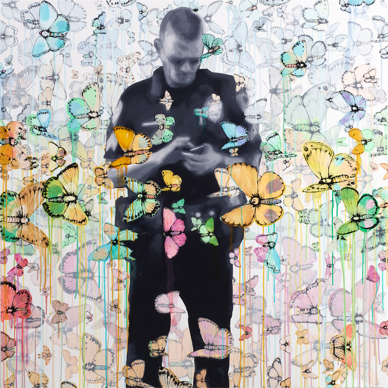 Status Update (Cop Texting) 2013 Oil, Acryic, Ink, and Velum on Canvas 48 x 48 inches