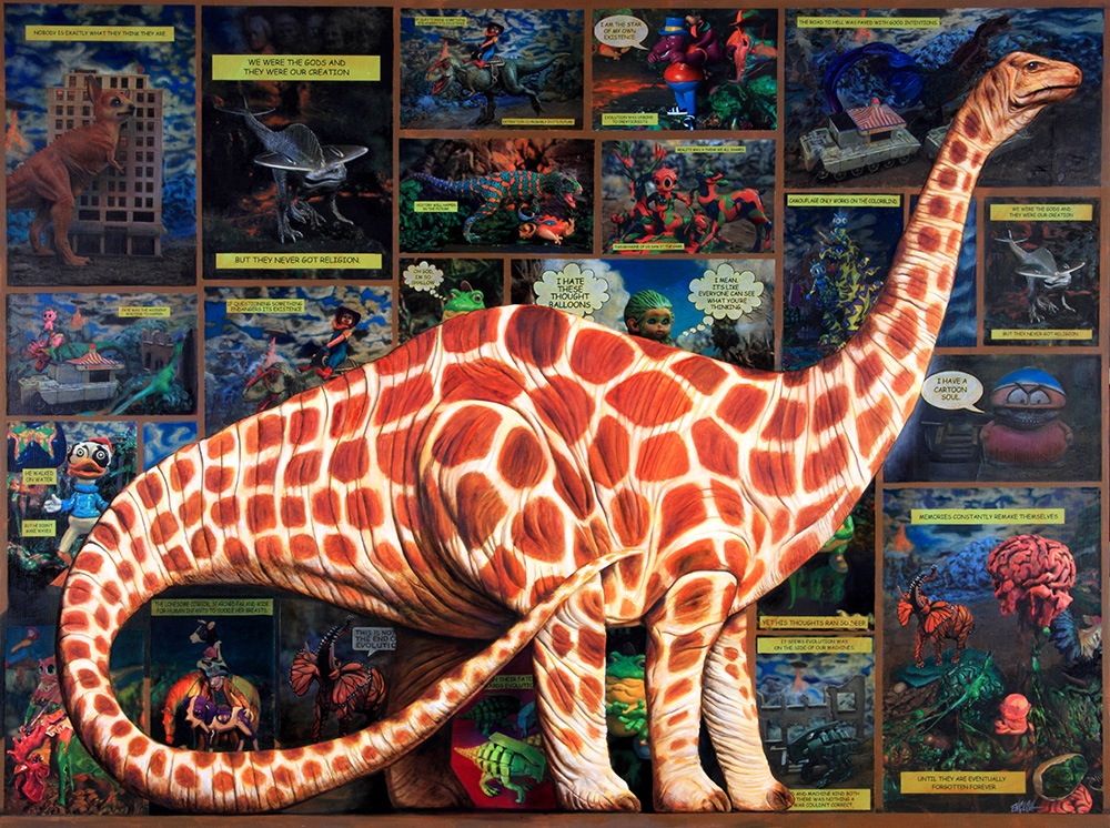 RON-ENGLISH - NeoNature Exhibit - 'Giraffosaurus' oil, acrylic and collage on canvas, 48 x 64
