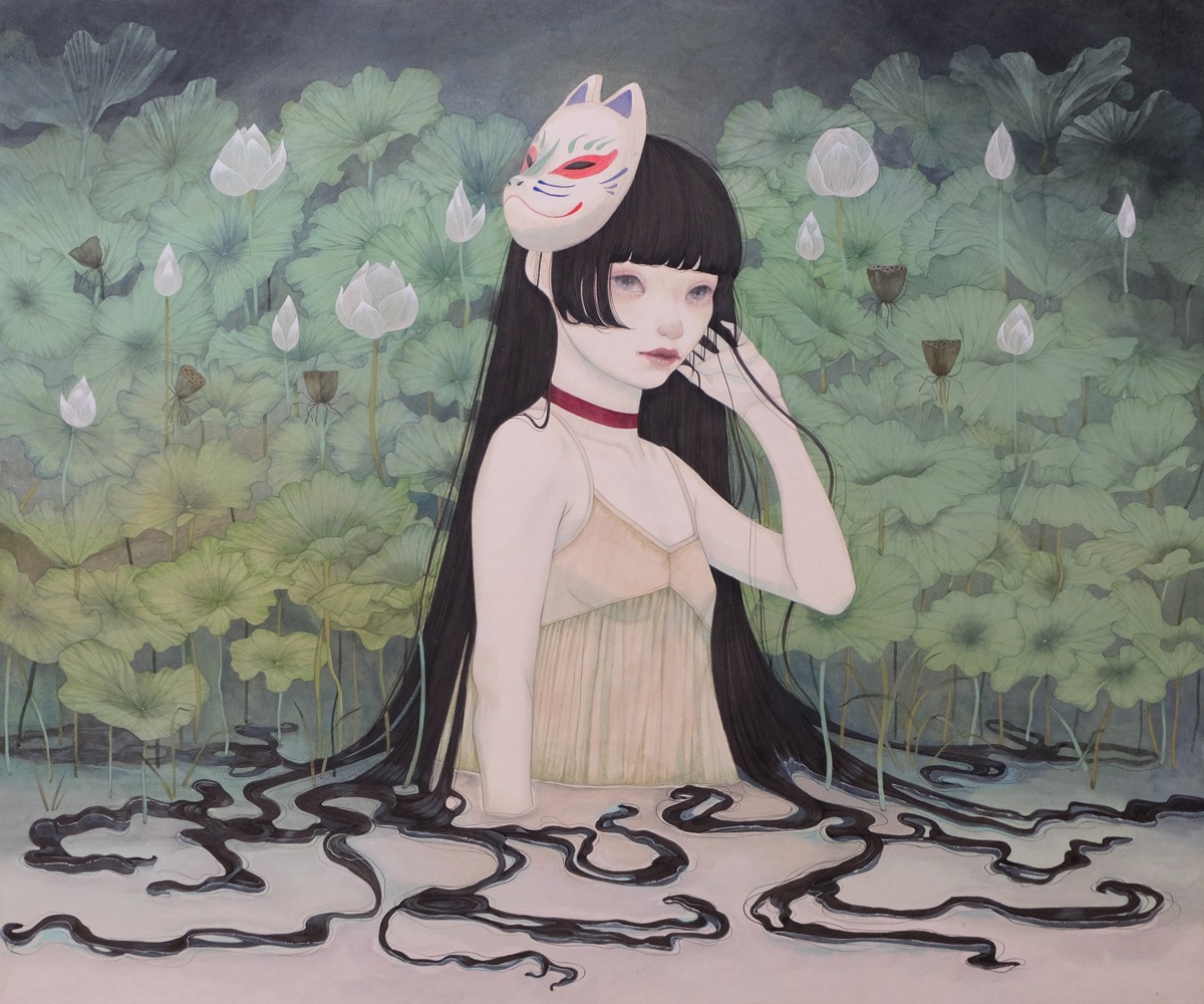 Yuka Sakuma ‘Mask’ (ink on paper (black ink rock paint on hemp paper), 28.6 x 23.9 inches)