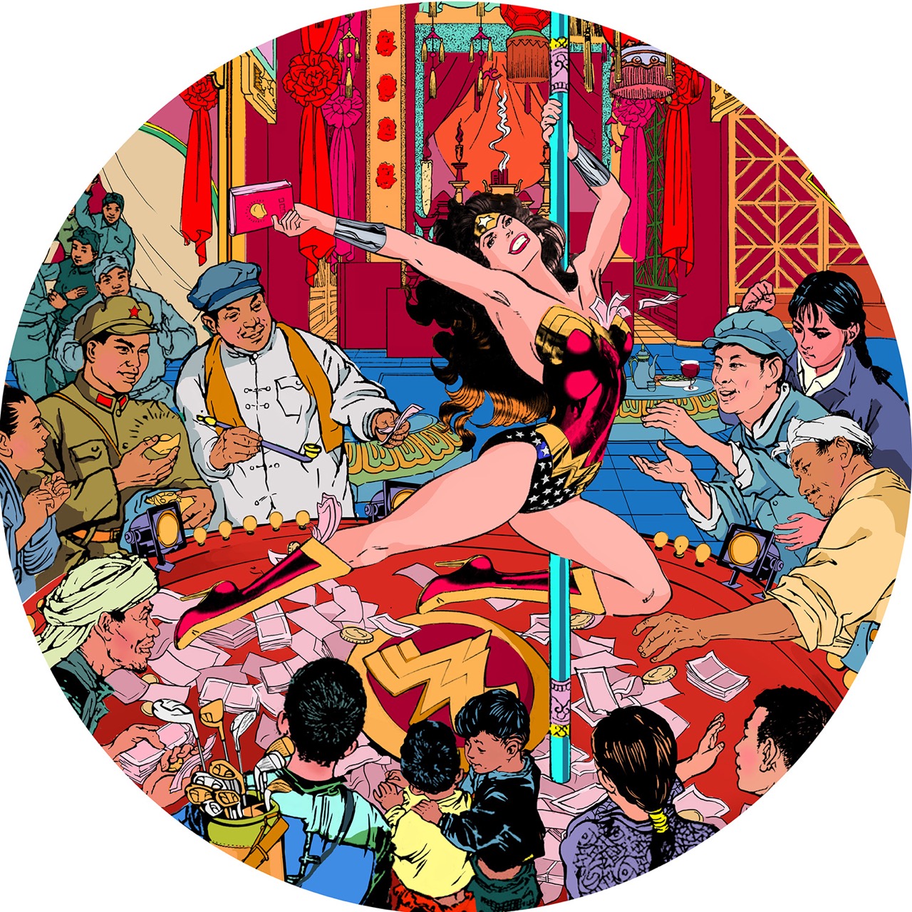 Jacky Tsai ‘The Pole Dancer’ (acrylic and gold leaf on linen; 51 inches diameter)